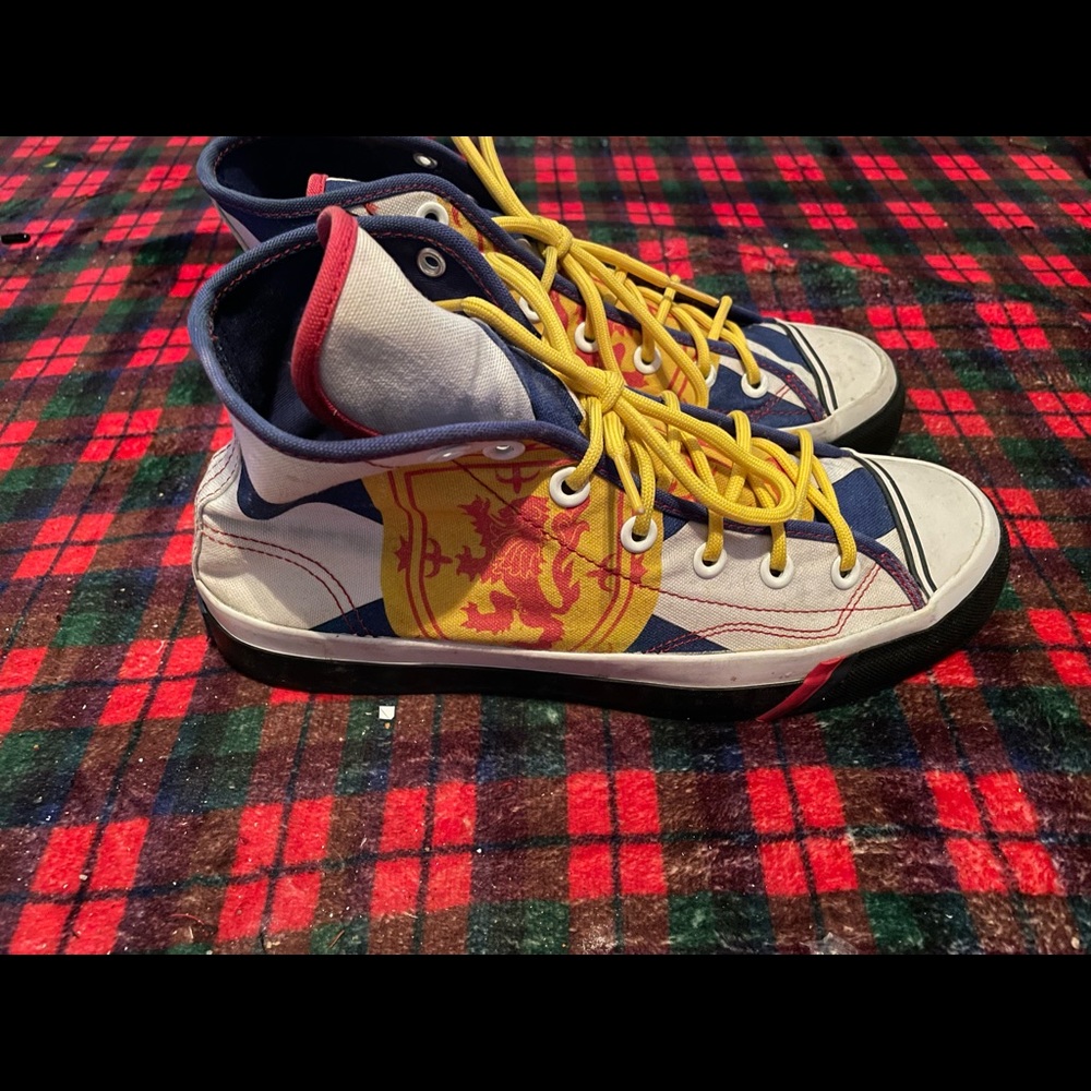 Unique pair of canvas Keds high tops with Nova Scotia flag design.